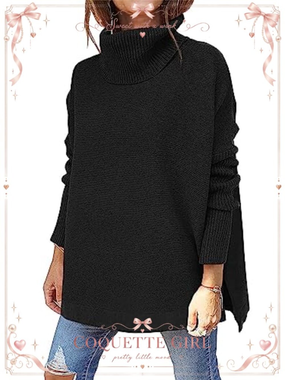 Oversized Turtleneck Sweater Batwing Sleeve Split Hem Tunic Pullover Knit Top
